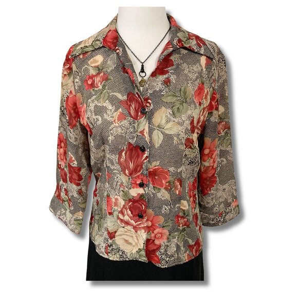 Beechers Brook Petites Tops - BEECHERS BROOK Vintage red black cream floral lace print blouse ~ SMALL MEDIUM